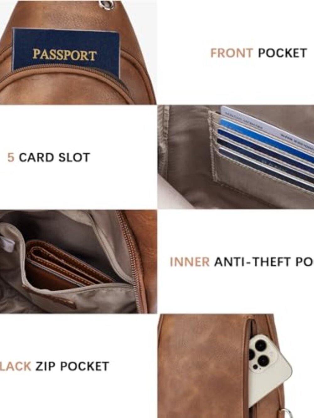 ๐ BOSTANTEN Sling Bag, Crossbody Bag Small Leather Travel Purses Chest Bag for - Picture 5 of 8